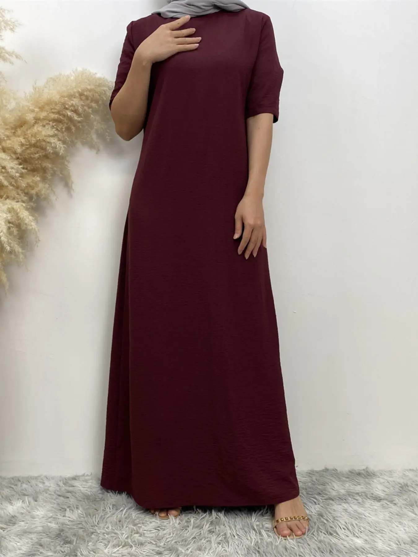 Women's Solid Color Round Neck Dress, Casual Half Sleeve Zipper Back Maxi Dress for Spring & Fall, Women's Islamic Clothing for Daily Wear