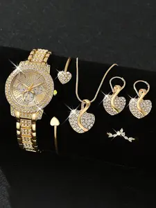 6-Piece Women's Rhinestone Watch and Jewelry Set, Quartz Watch with Heart Earrings, Necklace, Ring, Bracelet, Fashionable Jewelry Set