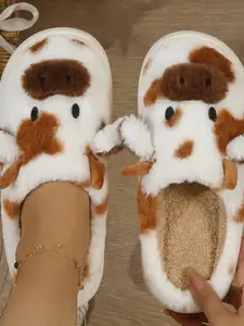 Fashionable Comfy Cute Soft Plush Slippers, Teddy Velvet Spots, Cow Ears Design, Anti-Slip Thick Sole, Home Healing Atmosphere