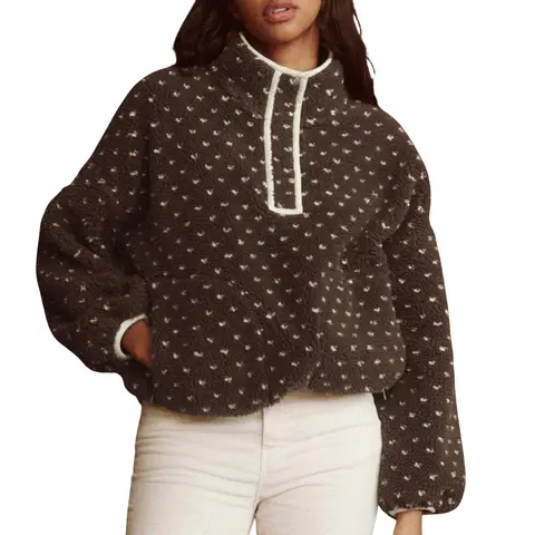 Hixiaohe Women's High-Neck Cropped Fluffy Sherpa Fleece Hoodie - Chic Fabric Jacket with Pockets, Metal Buttons, Heart Check Design, Easy Layering for School, Party, Work Winter Outerwear