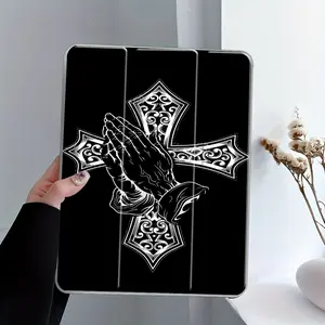 Gothic Christian Praying Hands Cross iPad Stand Case, Three-tiered stand iPad case, Religious Art Transparent Acrylic Hard Back Panel With Pencil Slot, for All models of ipad. Scratch-resistant Ultra-thin Protective Case, Shock-resistant Full Cover