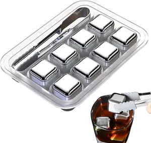 8 Pcs Reusable Stainless Steel Ice Cubes with Ice Tongs, Food Grade Metal Chilling Rocks for Drinks, Whiskey Stones Fast Cooling Ice Cubes for Whiskey, Vodka, Iced Coffee, Wine, Liqueurs, Keep Drinks Cold Without Diluting
