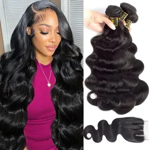 QTHAIR 16A Brazilian Body Wave Bundles Human Hair Natural Black 4x4 HD Closure 100% Unprocessed Virgin Hair 12-30 Inches Hair Extension Saw in for Black Women, Natural Color, Human Hair Extensions