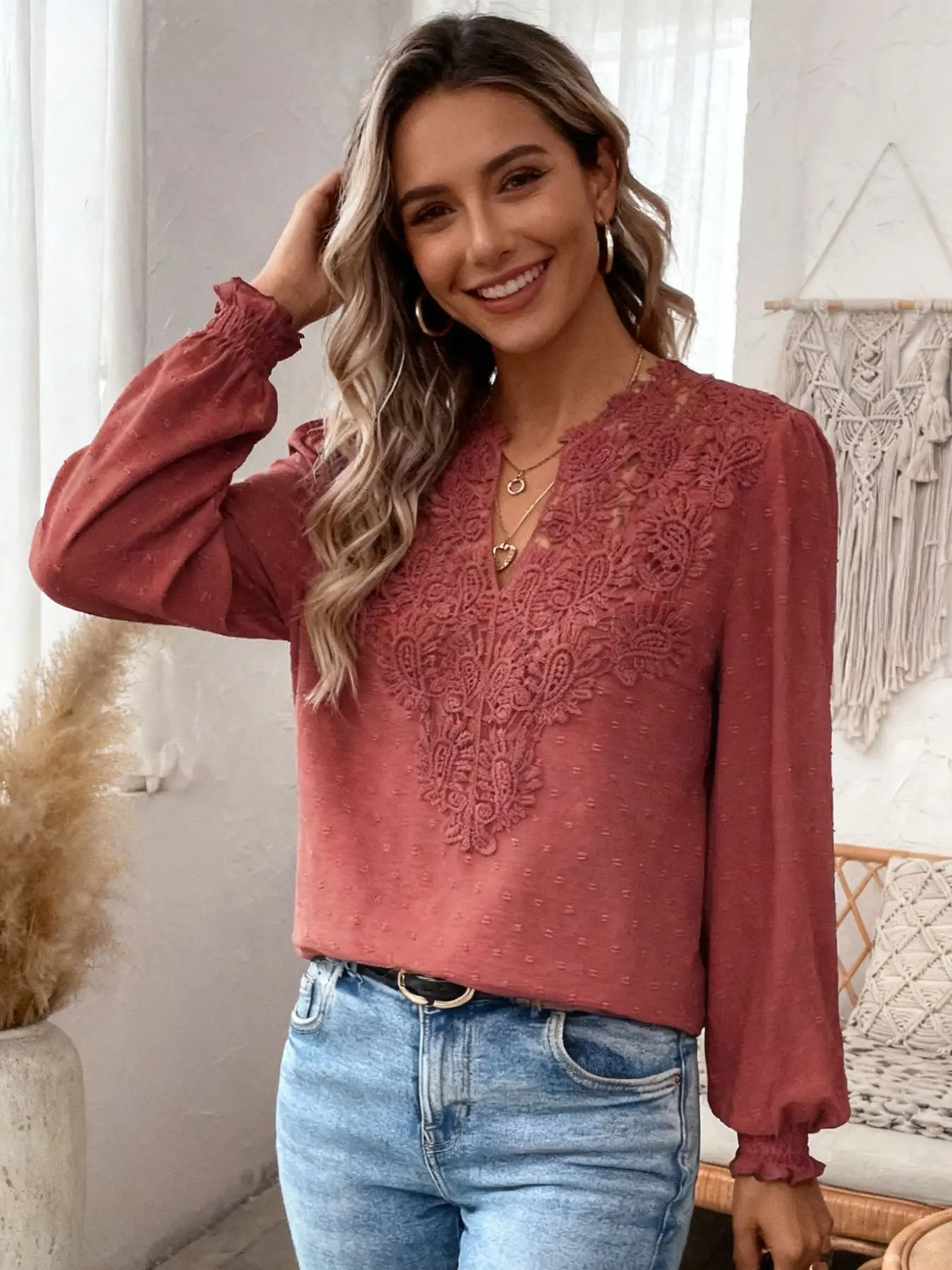 A fashionable Chic lace V-neck Loose Fit Minimalist Blouse Shirt for women's clothing, suitable for daily commuting Top