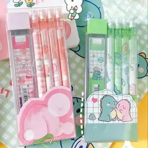 Cute Dinosaur Heart Design Pencil Set, 4-Pack 0.5mm Automatic Pencils, Durable Plastic School Office Supplies, No Batteries Needed