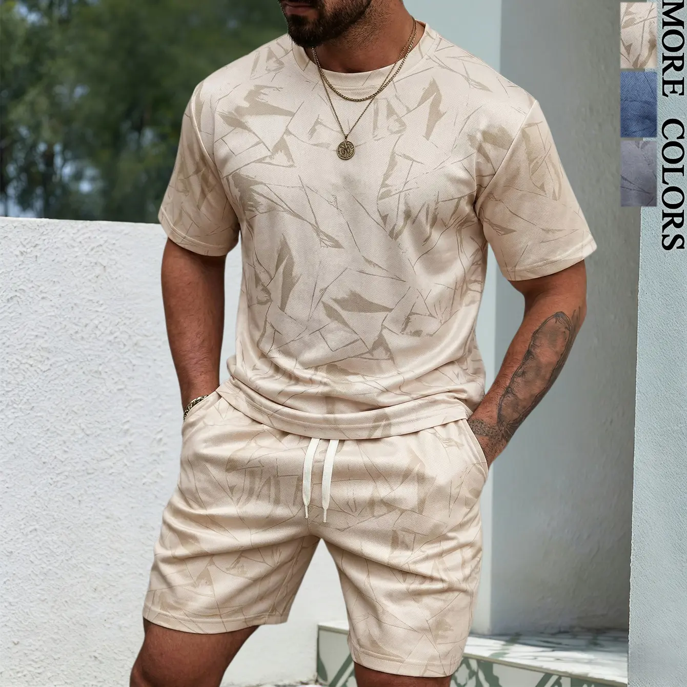 Men's 2 Piece Geometric Print Tracksuit Set | Casual Short Sleeve T Shirt & Drawstring Shorts Outfit for Summer Daily Wear,fathersdaygift