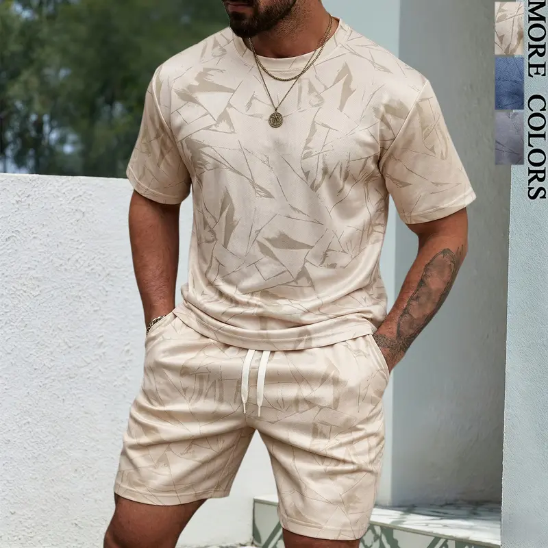 Men's 2-Piece Geometric All Over Print Casual Crew Neck Short-Sleeve T-Shirt & Adjustable Drawstring Shorts Outfits - Summer Daily Wear, Father's Day Gift Clothes Set