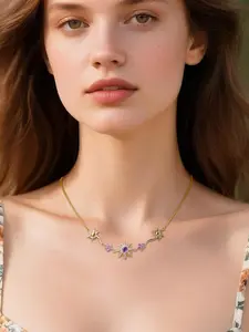 Purple Crystal Sunflower Necklace Gold Silver Dual Tone Elegant Flower Pendant Women Bohemian Daily Jewelry