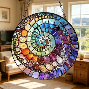 Rainbow Spiral Shell Suncatcher, Mosaic Stained Glass Window Hanging, Colorful Abstract Coastal Decor, Boho Aesthetic Gift for Her