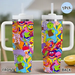 PIKPAKA Muppet Colorful Character Pattern Vacuum Flasks 40oz Stainless Steel Tumbler with Handle & Straw, Vacuum Insulated Travel Mug Keeps Drinks Cold Up to 12 Hours, Leak-Resistant Cup for Iced Coffee, Water, Office, Gym or Travel, Drinkware