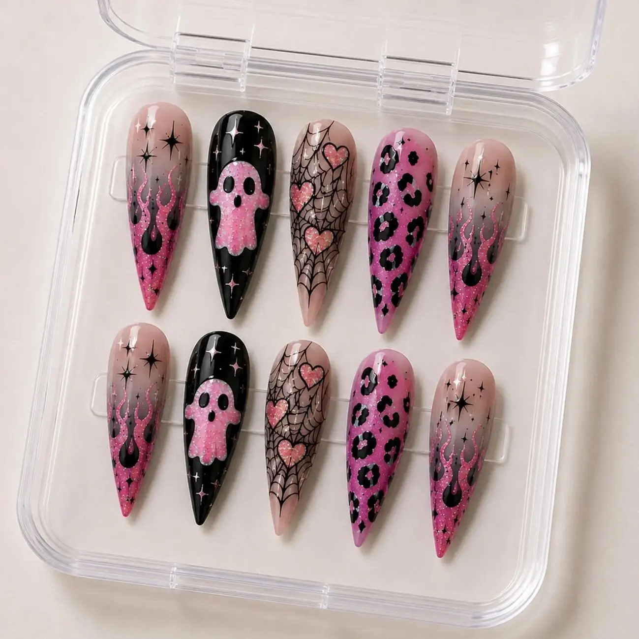 Pink Gothic Halloween Press On Nails | Glitter Ghost Spider Web Leopard Flames Y2K Stiletto Set