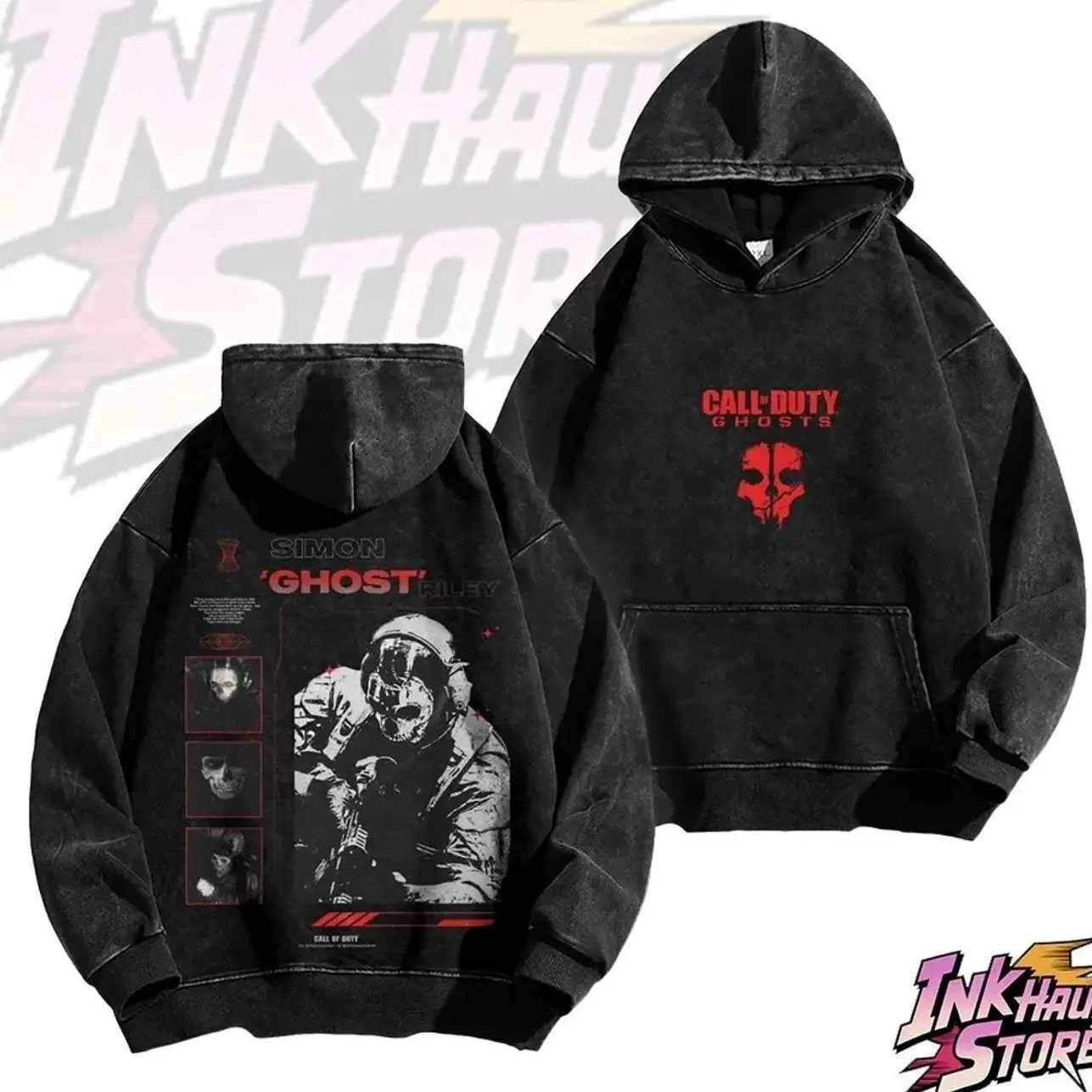 COD acid wash hoodie sweatshirt, featuring a print of the character Simon "Ghost" Riley -Long Sleeve Unisex Vintage Retro Style 841 T66