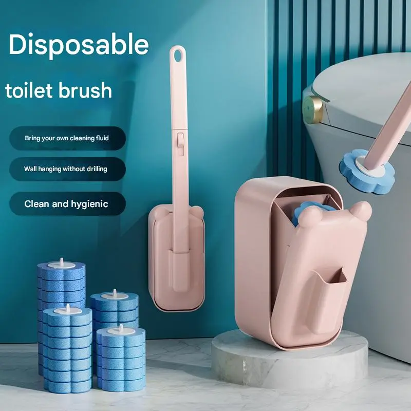 White Toilet Bowl Plunger & Brush Combo Set - 24 Disposable Heads, Adhesive Tape Wall-Mounted No-Drill Holder, Durable Easy-Clean Hygienic Tool, Easy Setup (24 Heads & 1 Holder)
