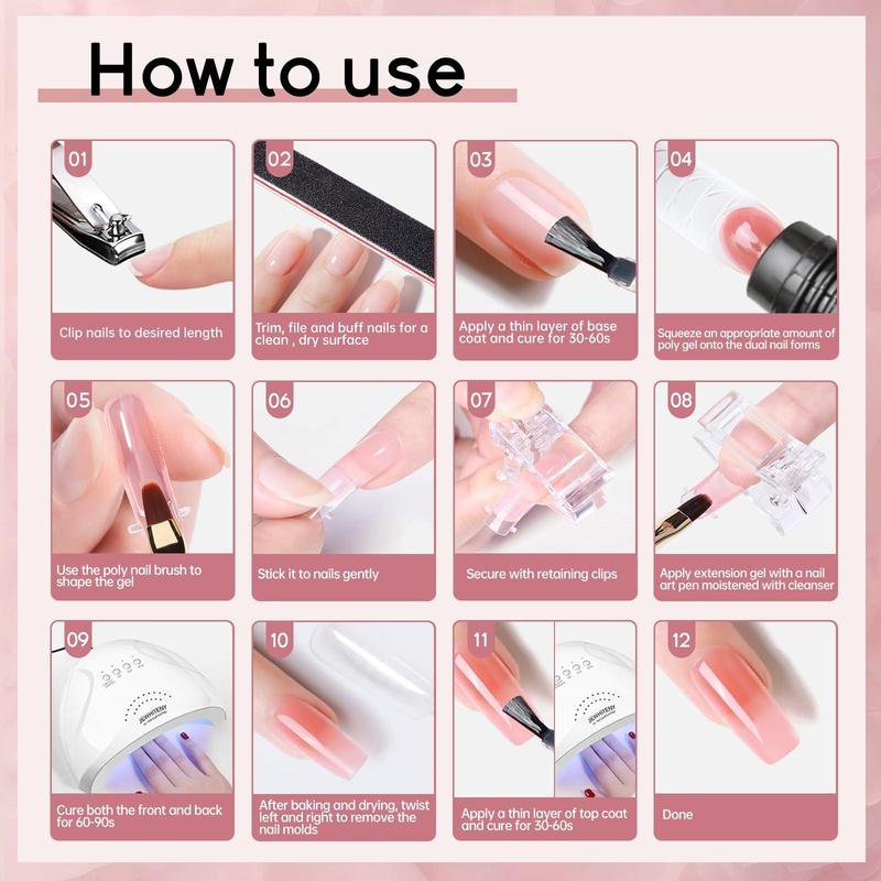 JEWHITENY 14 Colors Poly Extension Gel Nail Kit With Nail Lamp Nude Pink White Brown All In One Poly Nail Gel Starter Kit Poly Gel Nail Kit With Base Top Coat Manicure Salon Frence Nail Art DIY