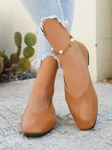 Elegant Women's Monochrome Mary Jane Shoes, Maroon Color Flat Heel, Pointed Toe, Casual Style, All-Season Footwear for Office & Weddings