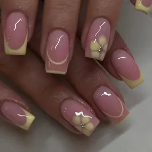 24pcs Long Rectangle French Flower Silver Beads Nail Design, Acrylic Press-On Nails Set with Jelly Glue and File, Perfect for Parties