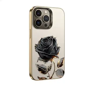 Aesthetic 3D Embossed Black Gold Rose iPhone Case for iPhone 17 16 15 Pro Max, Luxury Shockproof Protective Cover, Trendy Floral Phone Case