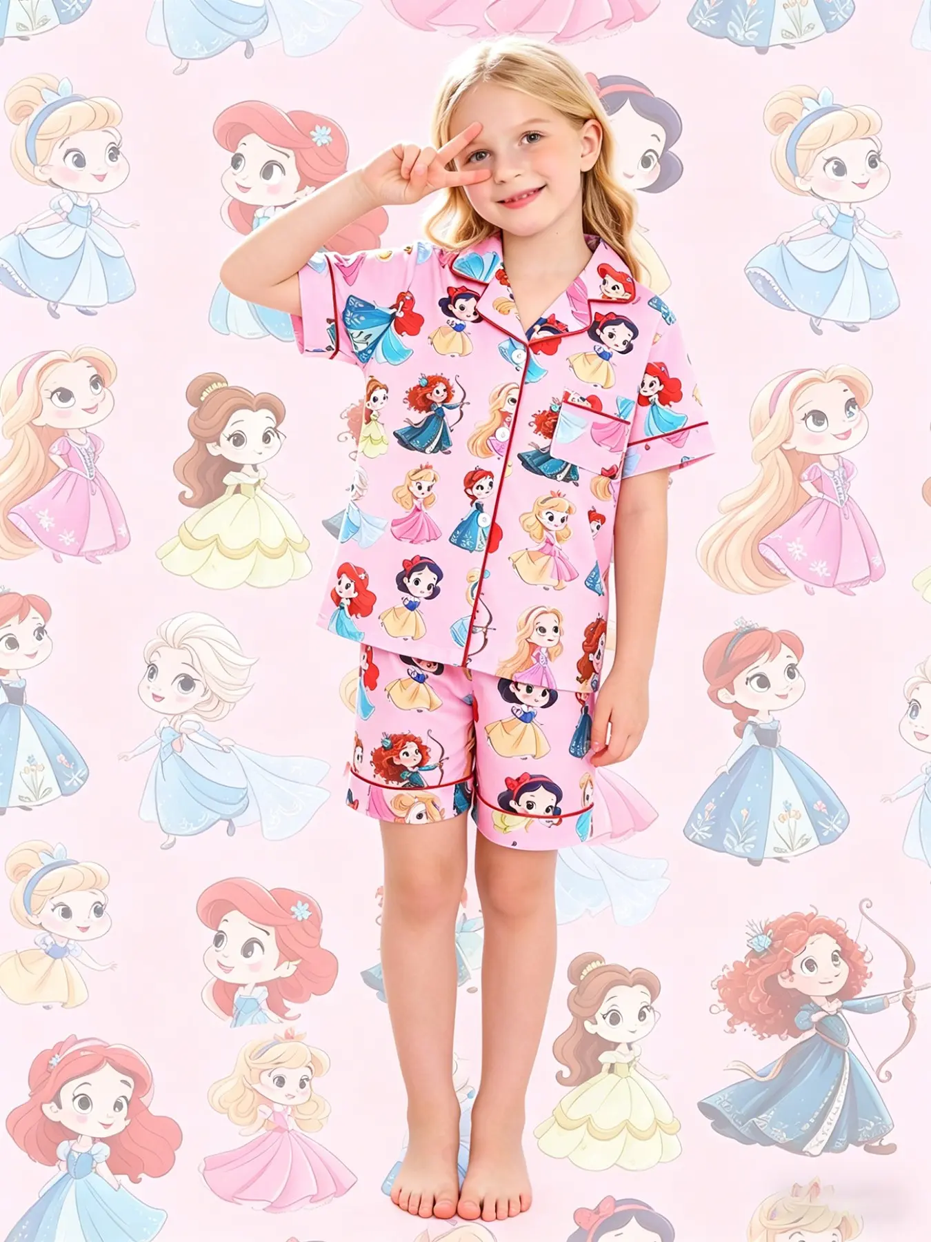 2-piece children's foundation make-up all over cartoon princess print short sleeved shorts soft and comfortable top small pocket lapel design elastic waistband home casual children's pajamas set Cartoon Pattern Pajamas Cartoon Print Sleepwear