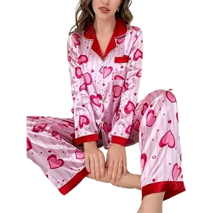 Pink Heart Striped Long Sleeve Pajama, Romantic Valentines Day Sleepwear For Women, Cute Love Pattern Lounge Set, Cozy Homewear Gift | 070126.C14981.ID00