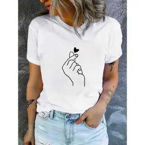 Finger Heart Print T-Shirt, Short Sleeve Crew Neck Casual Top, Summer And Spring, Women'S