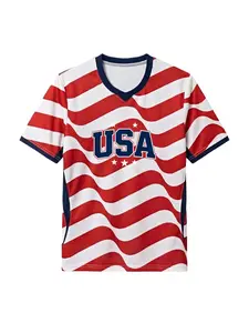 Men's USA Patriotic Quick-Dry V-Neck Short-Sleeve Athletic Top, American Flag Stars Print Soccer Jersey Football Shirt for 4th of July Sports, Daily Wear