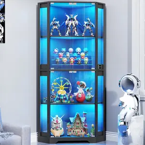 Corner Display Cabinet with Glass Doors, 65" Lighted Curio Cabinet with 3 Color Lights for Collectibles Toys, 4-Tier Showcase Display Case with Human Body Sensor for Living Room Black