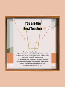 Teacher's Day Gift, Cross Charm Decor Pendant Necklace & Beaded Necklace with Box & Greeting Card, Elegant Fashion Jewelry for Women, Gift for Teacher