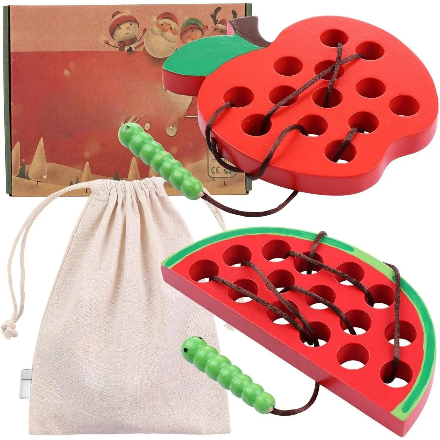 Z-ITC38    Lacing Toy for Toddlers: Wooden Threading Toy 1 Apple 1 Watermelon - Preschool Fine Motor Learning Activity for Kids - Travel Toys for Car Plane Road Trip