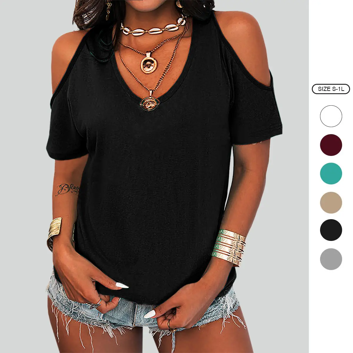 Imily Bela Women's V-Neck T-Shirt Off Shoulder Tunic Off Shoulder Tops Summer Elegant