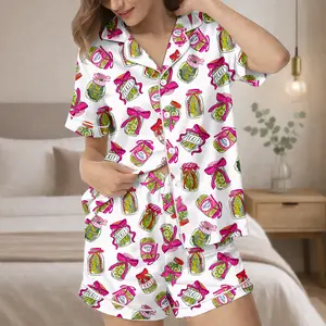 Pickle Pink Bows Pajama Set, Women’s Pickle Lover Pink Bows Pajama Set, Sleepwear Gift, Satin Pajama Set, Gift For Her