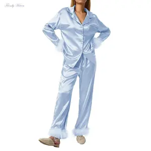Women’s sleepwear, feather-decorated long-sleeved button-down lapel top + pants, sleepwear set, loungewear, women’s clothing