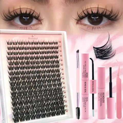 160 PCS D Curl Lash Clusters Kit Invisible Thin Band Wispy Natural DIY Eyelash Extensions 9-16MM Mix Length All In One Lash Kit With Bond Seal Remover & Mascara Brush Beginner Friendly