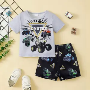 In Stock Monster Truck Set, Suitable for Boys Aged 9m-6y, Pattern Print Short Sleeve Casual T-Shirt and Elastic Shorts 2 Pieces