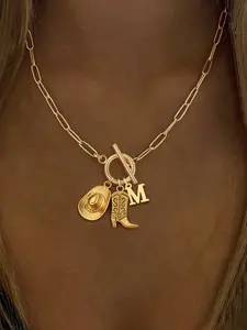 Women's Western Cowboy Hat Boot Initial Pendant Necklace, Vintage Classic Stainless Steel Chain, Casual Style, All Seasons Jewelry
