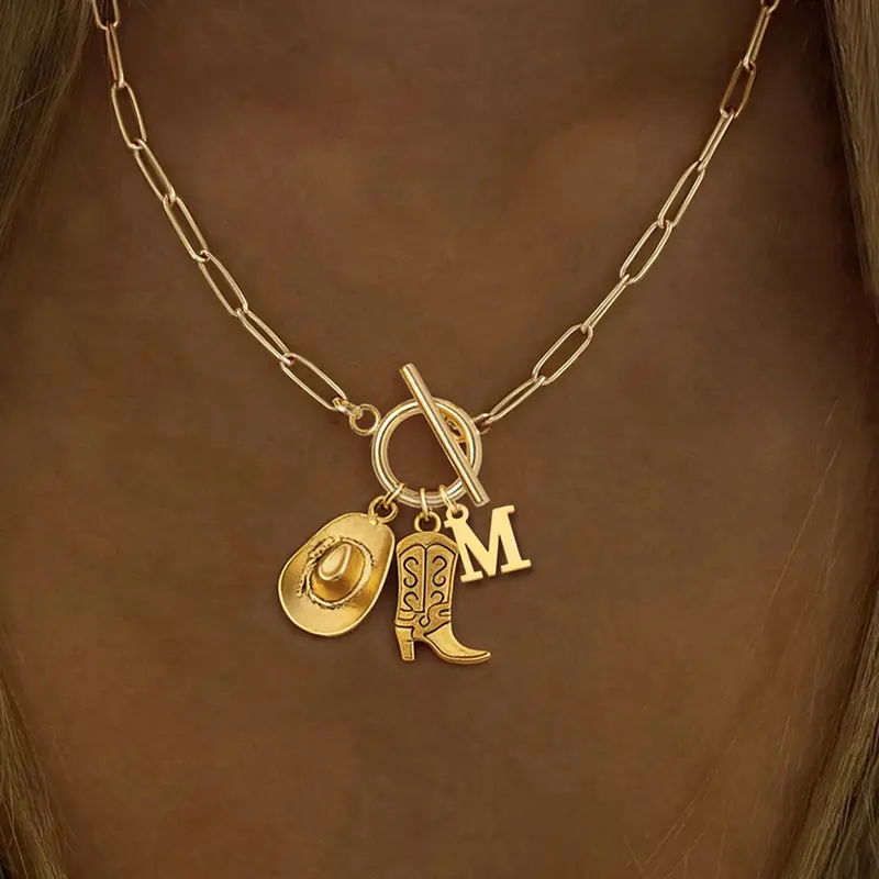 Women's Western Cowboy Hat Boot Initial Necklace, Initial Letter Necklace, Vintage Classic Stainless Steel Chain, Casual Style, All Seasons Jewelry