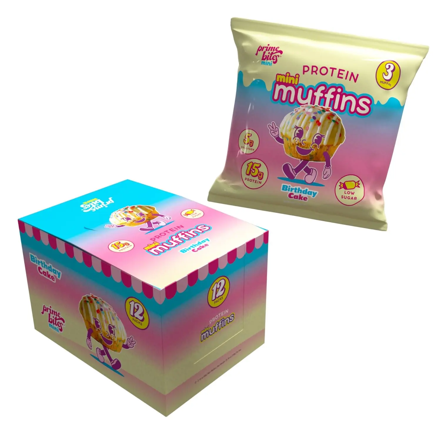 Alpha Prime Supplements Prime Bites Minis Protein Mini Muffins High Protein Collagen Fortified Low Sugar Treat Delicious Snack Birthday Cake Flavor 12 Packs per Box