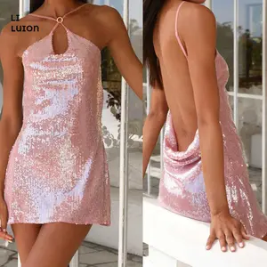 Women Mini Dress Sequins Sleeveless Spaghetti Strap Dress Summer Fashion Backless Dress Party Dress