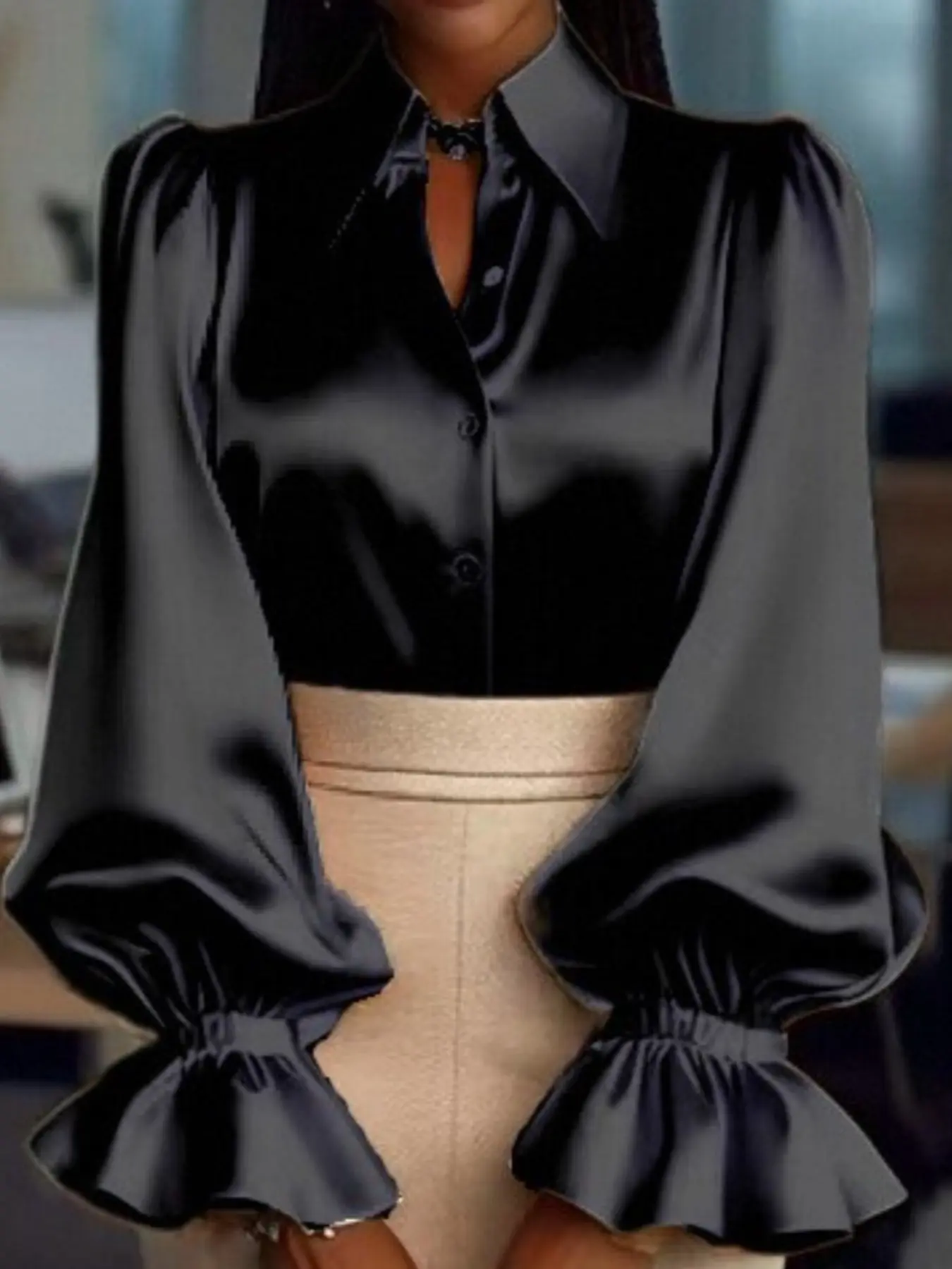 Elegant Plus Size Women's Satin Charmeuse Long Sleeve Bubble Lantern Sleeve Blouse Shirt, Casual & Office Wear, All-Season Style, Daily Fashion