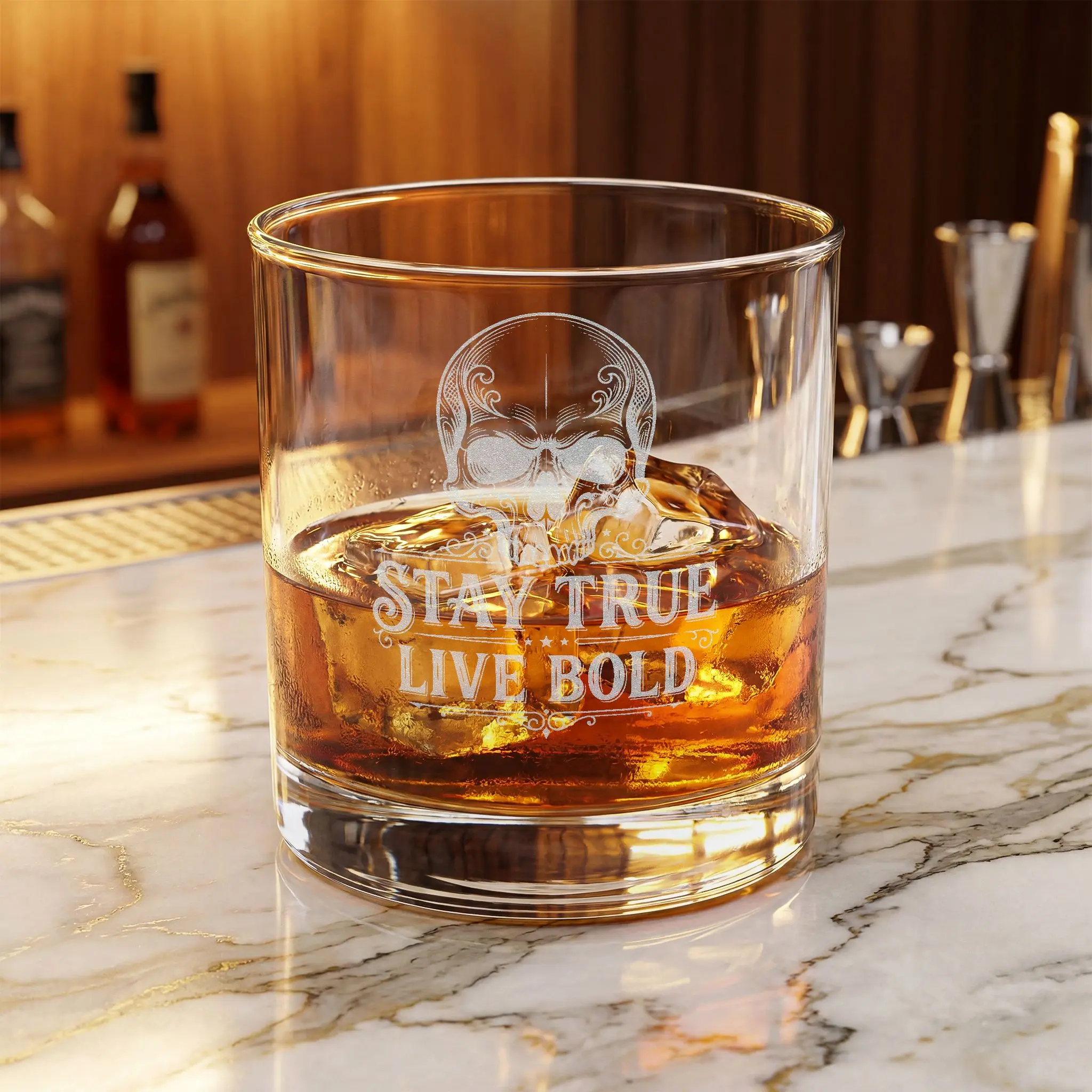 10.5oz Heavyweight Laser-Engraved Skull Whiskey Rocks Glass (0-500 ml) - Reusable, Dishwasher Safe Kitchenware Drinkware for Adults' Evening Rituals, "Stay True Live Bold" Design, Ideal for Cocktails