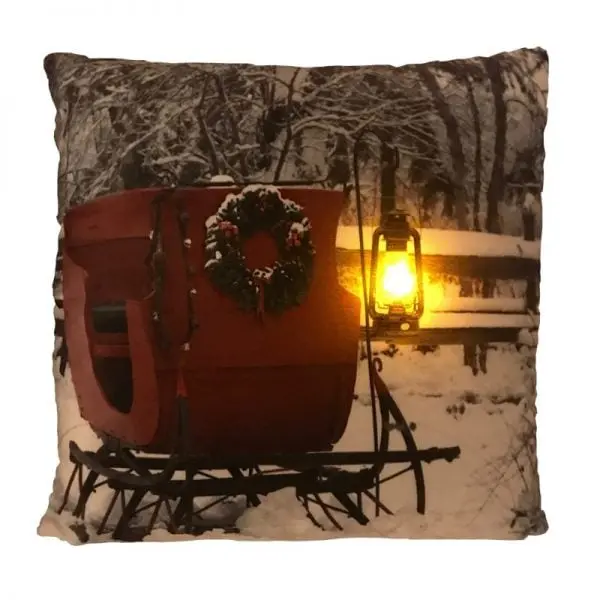 Ultimate Innovations 1158 Soft LED Holiday Pillows - Winter Red Sleigh Ride Themed, 16x16 in, with Timer, Built-in LED Lights