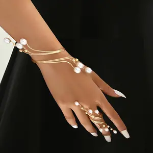 Elegant 2-Piece Hand Jewelry Set for Women - Chic Creative Design with Iron Chain, Gold-Tone Finish, Pearl and Bead Embellishments - Versatile Bracelet Ring Combo for Daily Wear and Gift-Giving
