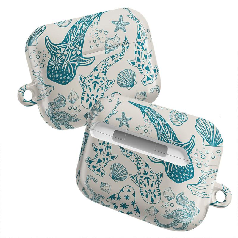 Whimsical Ocean Shark AirPods Case – Cute Sea Life Design with Starfish, Seashells & Coral Details, Aesthetic Marine Theme Protective Cover, Coastal Beach Style Accessory, Trendy Gift for Him & Her, Summer Ocean Lover AirPods Case