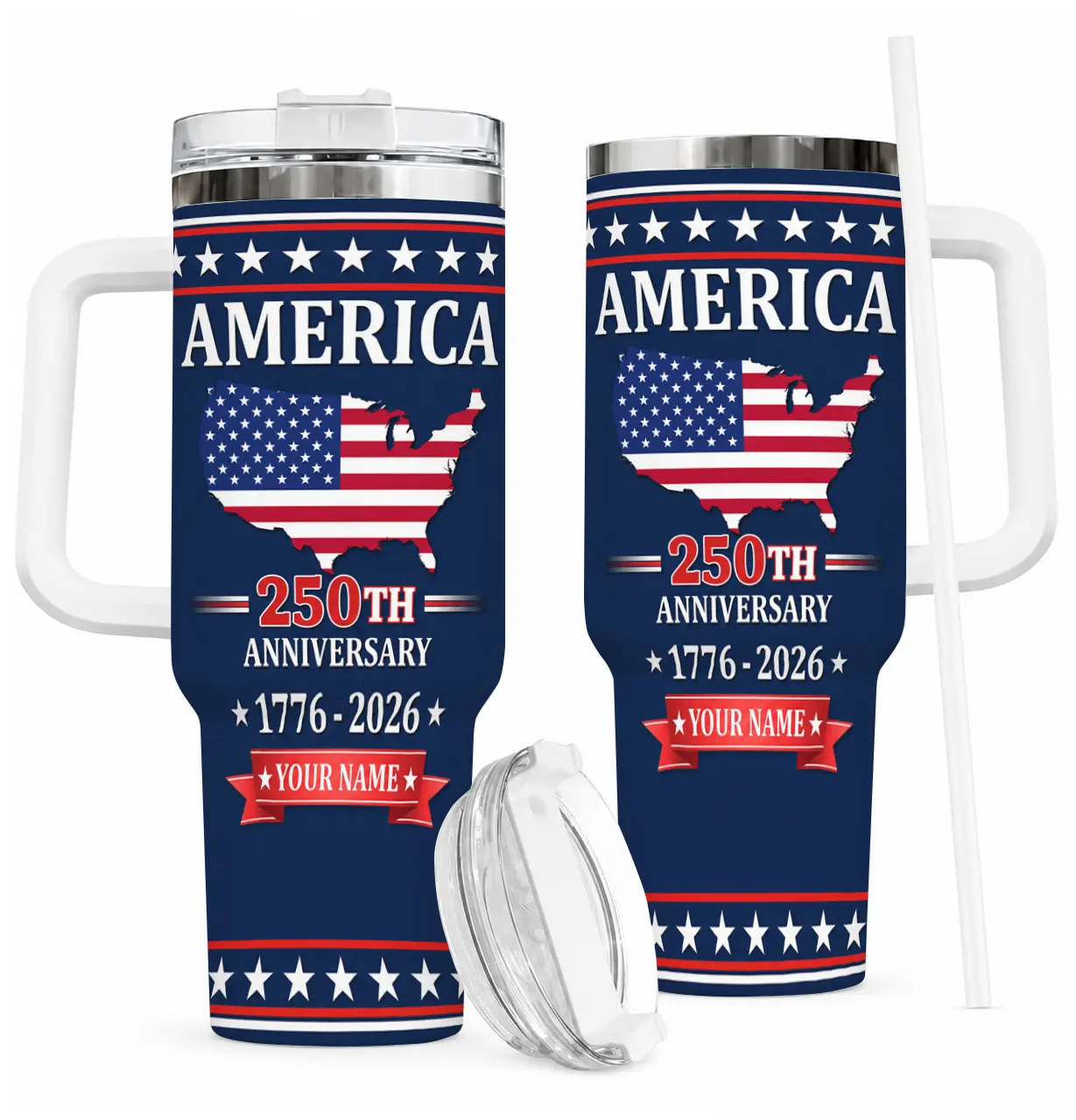 Personalized America 250th Anniversary Tumbler, 1776–2026 Custom Name Insulated Cup, 40oz Travel Mug with Handle and Straw, Patriotic Gift