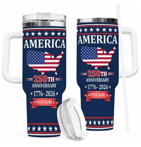 Personalized America 250th Anniversary Tumbler, 1776–2026 Custom Name Insulated Cup, 40oz Travel Mug with Handle and Straw, Patriotic Gift
