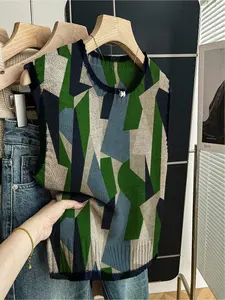 1 piece + Spring/Summer Back-to-School Casual Style Loose Round-neck Sleeveless Knitted Dark Blue Embroidered Contrasting Irregular Geometric Patchwork Print Women's Knit Top for Outfits, Women's Outerwear, to be worn alone or with a jacket