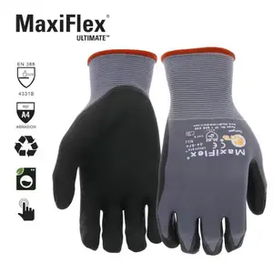 MaxiFlex Ultimate 34-874 Nylon Micro-Foam Nitrile Grip Gloves Black Gray Seamless Knit Design 12 Pairs Pack