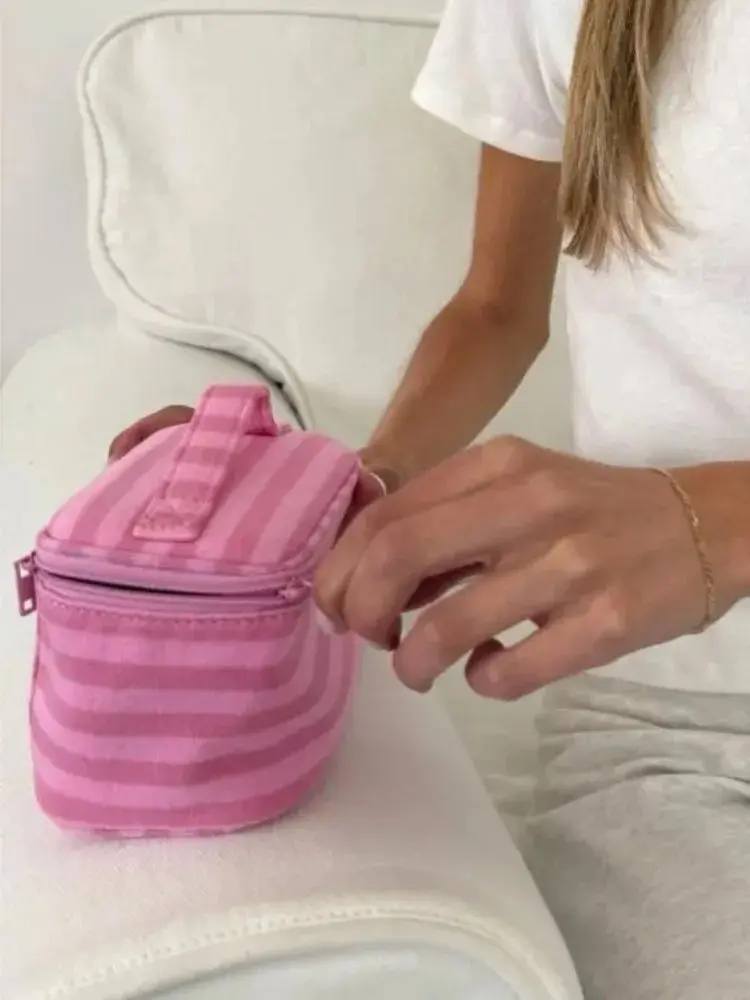 Pink Striped Makeup Bag Women Vintage Portable Zipper Mirror Cosmetic Travel Organizer Girls Cute Sweet Handbag Toiletry Pouch