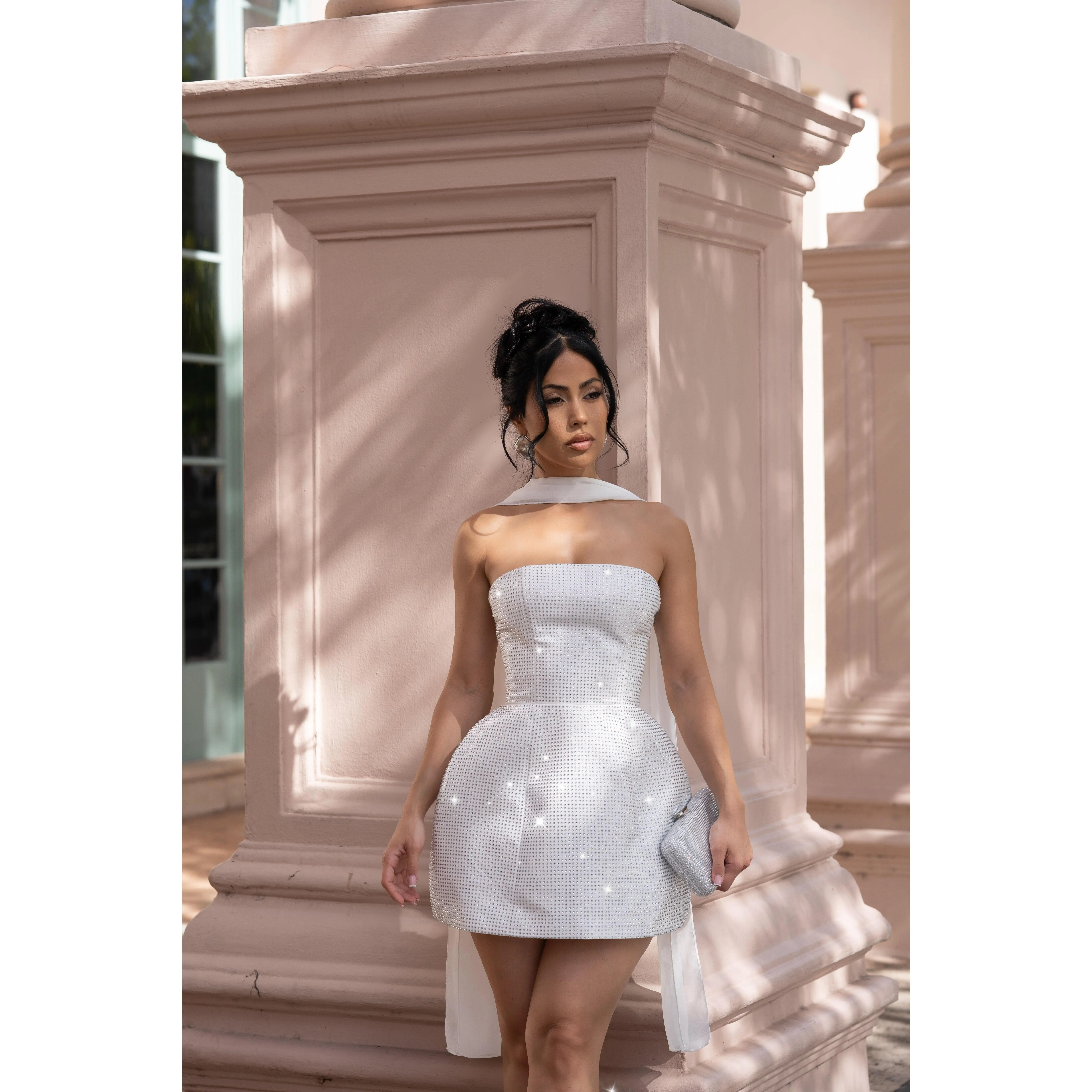 Lustre Affair Structured Rhinestone Mini Dress White