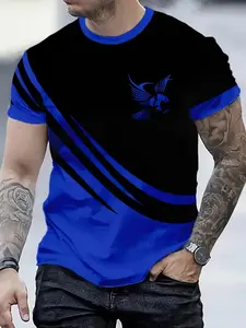 Men's Short Sleeve T-Shirt, Fashion Eagle Logo Design, Blue Block Trendy Top, Casual Sport Style, Summer New Men's Clothing, Streetwear, Menswear, Sporty