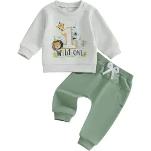 L-GCS009   Baby Boy First Birthday Outfit Long Sleeve Sweatshirt Tops Wild One Birthday Shirt Pants Set Fall Clothes